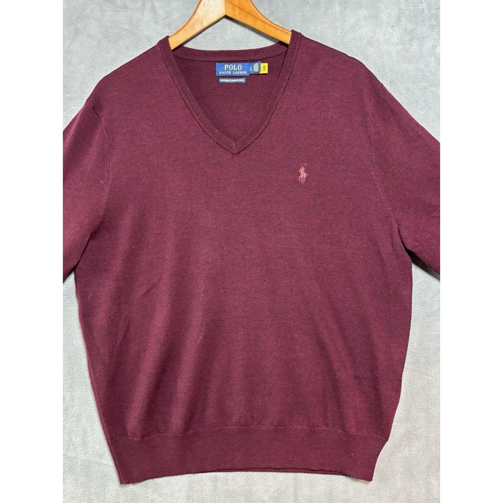 Polo Ralph Lauren Sweater Mens L Washable Merino 100% Wool V Neck Pony Preppy